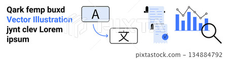 Translation services, data analytics, language learning, business reporting, research tools, global communication. Language conversion icons and analytical charts. Translation and data analytics Translation services, data analytics, language learning, business reporting, research tools, global communication. Language conversion icons and analytical charts. Translation and data analytics 134884792