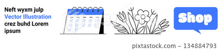 Productivity, nature, shopping, scheduling, floral decorations, planning. A calendar, flower line art and shop speech bubble. Productivity and shopping symbol concepts 134884793
