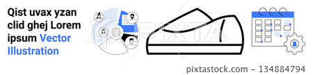 Networking, project planning, technology, footwear design, schedule management, innovation. networking icons, a shoe outline and a calendar with a gear. Networking and project planning highlighted 134884794