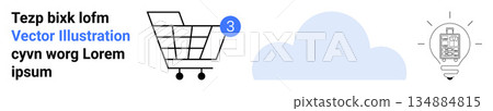 Online shopping, cloud computing, mobile apps, technology integration, digital marketing, innovation. Shopping cart with notification, a cloud and a lightbulb with a mobile app design. E-commerce 134884815