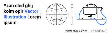 Education, global connectivity, professional tools, writing, travel, corporate life. Minimalistic globe, pen and bag. Education and global connectivity concept with professional tools Education, global connectivity, professional tools, writing, travel, corporate life. Minimalistic globe, pen and bag. Education and global connectivity concept with professional tools 134884826