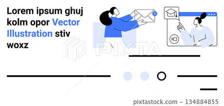 Email marketing, online education, digital communication, remote work, business correspondence, e-learning. A woman holding an envelope and another on a screen presenting. Email marketing and online 134884855