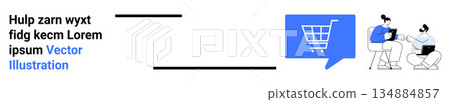 E-commerce, online shopping, teamwork, digital marketing, product strategy, collaboration. Shopping cart icon and two people working together on laptops. E-commerce and teamwork concept 134884857