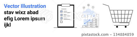 E-commerce, cloud technology, digital workflow, task management, online shopping, data analysis. A checklist, cloud server with data and shopping cart icon. E-commerce and cloud technology 134884859