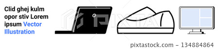 Technology, minimalism, modern workspace, e-commerce, digital tools, office design. A laptop, shoe and desktop screen are in a minimal style. Technology and minimalism theme 134884864