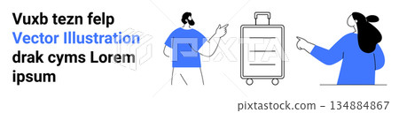Travel, communication, collaboration, business, transportation, planning. Two people pointing to a suitcase while discussing plans. Travel and communication concept for corporate 134884867
