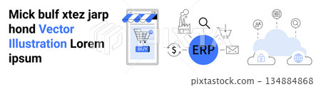 E-commerce, ERP solutions, digital transformation, cloud computing, business management, financial analysis. Digital shopping cart and ERP symbol. E-commerce and ERP solutions concept E-commerce, ERP solutions, digital transformation, cloud computing, business management, financial analysis. Digital shopping cart and ERP symbol. E-commerce and ERP solutions concept 134884868