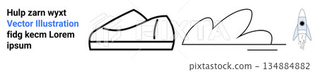 Space exploration, creative design, abstract concepts, technology, minimalism, future innovation. Line art of a shoe, cloud and rocket. Space exploration and creative design concepts 134884882