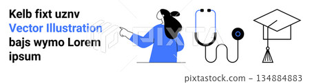 Education, healthcare, communication, learning, future goals, self-improvement. Illustrated woman pointing with stethoscope and graduation cap icons. Education and healthcare theme Education, healthcare, communication, learning, future goals, self-improvement. Illustrated woman pointing with stethoscope and graduation cap icons. Education and healthcare theme 134884883