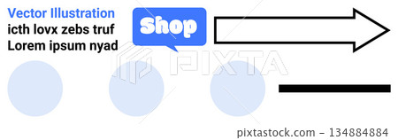 E-commerce, marketing strategy, communication, online shopping, digital design, branding. Blue speech bubble that says shop, arrow text and circles on a white background. E-commerce and marketing 134884884