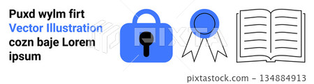 Data protection, online learning, certifications, digital security, academic research, and education concepts. Blue lock, certification badge and open book symbols. Digital security and online 134884913