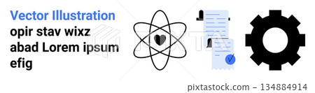 Science, education, technology, documentation, engineering, process management. Atomic symbol with heart, papers with checkmark gear icon. Science and education concepts 134884914