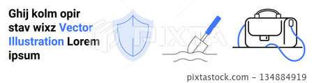 Security, work tools, education, travel, protection, personal items. a shield, a shovel in use and a backpack. Security and work tools illustrated with clean vector elements for conceptual use 134884919