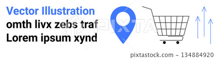 E-commerce, online shopping, business growth, navigation, data trends, market analysis. Blue location pin, shopping cart upward arrows. E-commerce and online shopping concept E-commerce, online shopping, business growth, navigation, data trends, market analysis. Blue location pin, shopping cart upward arrows. E-commerce and online shopping concept 134884920