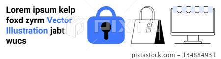Online shopping, data security, e-commerce, cybersecurity, retail, privacy protection. Blue lock, shopping bag with tag and computer screen. Data security and e-commerce Online shopping, data security, e-commerce, cybersecurity, retail, privacy protection. Blue lock, shopping bag with tag and computer screen. Data security and e-commerce 134884931