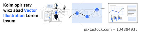 Data analytics, artificial intelligence, business trends, futuristic technology, financial insights, automation workflows. Robot with charts, line graphs and dashboards. Data analytics and AI Data analytics, artificial intelligence, business trends, futuristic technology, financial insights, automation workflows. Robot with charts, line graphs and dashboards. Data analytics and AI 134884933