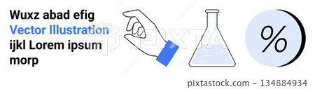 Science education, laboratory research, chemical reactions, academic concepts, mathematics, and analysis. A laboratory flask, hand gesture and percentage symbol. Science education and laboratory Science education, laboratory research, chemical reactions, academic concepts, mathematics, and analysis. A laboratory flask, hand gesture and percentage symbol. Science education and laboratory 134884934