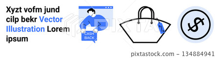 Ecommerce, digital payment, rewards, luxury, shopping, finance concepts. A person holding a cashback sign, a designer handbag and a dollar icon are . Ecommerce and rewards Ecommerce, digital payment, rewards, luxury, shopping, finance concepts. A person holding a cashback sign, a designer handbag and a dollar icon are . Ecommerce and rewards 134884941