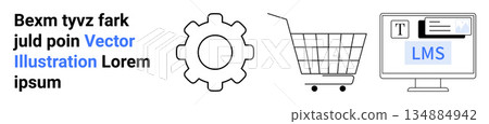 E-learning, commerce, technology, user design, online platforms, education. Gear icon, shopping cart and LMS computer screen with text. E-learning and commerce-related design concept E-learning, commerce, technology, user design, online platforms, education. Gear icon, shopping cart and LMS computer screen with text. E-learning and commerce-related design concept 134884942