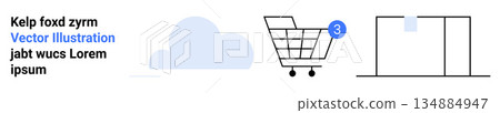 Ecommerce, online shopping, cloud storage, digital content, internet commerce, placeholder text. Shopping cart beside a cloud icon and lines of filler text. Ecommerce and online shopping concepts 134884947