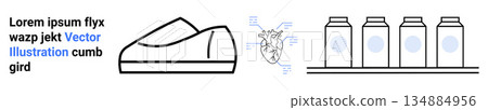 Industry technology, automation, manufacturing, medical innovation, data analysis, science. Simplified illustrations of a heart diagram and conveyor production line. Medical innovation and automation Industry technology, automation, manufacturing, medical innovation, data analysis, science. Simplified illustrations of a heart diagram and conveyor production line. Medical innovation and automation 134884956