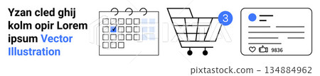 Time management, online shopping, notifications, scheduling, social networking, digital interactions. A calendar, a shopping cart with a badge and a social media interface. Time management 134884962