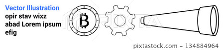 Cryptocurrency, blockchain technology, fintech, digital assets, future innovation, financial systems. Bitcoin symbol, gear and telescope. Cryptocurrency and blockchain concepts 134884964