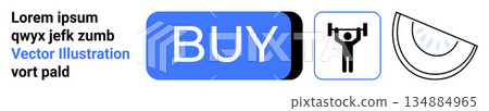 E-commerce, fitness, marketing, digital design, product promotion, health. Blue buy button, stylized weightlifting icon abstract slice outline in black and white. E-commerce and fitness 134884965