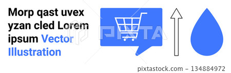 E-commerce, online shopping, communication, growth, data visualization, sustainability. Shopping cart within a speech bubble, upward arrow and water drop icons in blue. E-commerce and communication 134884972