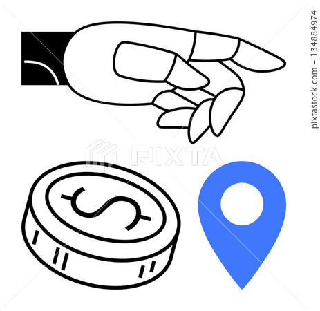 Automation, finance, navigation, location services, robotics, technology. Robotic hand near coin and blue location pin. Automation and finance in futuristic design elements 134884974