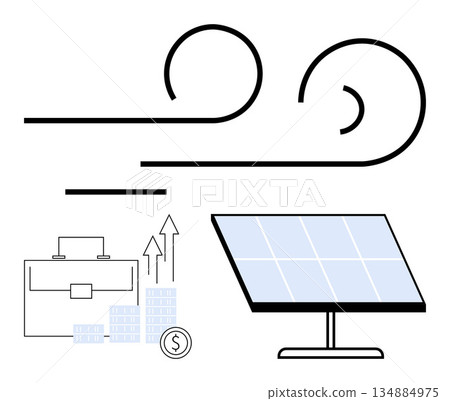 Renewable energy, sustainability, clean technology, eco-friendly power, green business, alternative energy sources. Solar panel, wind symbol and business growth icons. Renewable energy 134884975