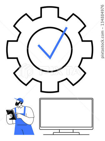 Quality control, maintenance, system optimization, workplace efficiency, computer repair, operational workflow. Gear with checkmark, worker holds clipboard monitor below gear. Quality control 134884976