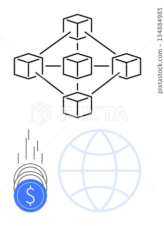 Blockchain, decentralized systems, global transactions, digital currency, financial technology, peer-to-peer networks. Diagram showing interconnected cubes, coins and a globe. Blockchain and global Blockchain, decentralized systems, global transactions, digital currency, financial technology, peer-to-peer networks. Diagram showing interconnected cubes, coins and a globe. Blockchain and global 134884985