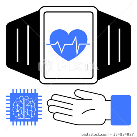 Smart healthcare, fitness tracking, wearable technology, artificial intelligence, biometrics, medical innovation. Heart monitor smartwatch, AI chip and open hand. Fitness tracking and smart 134884987