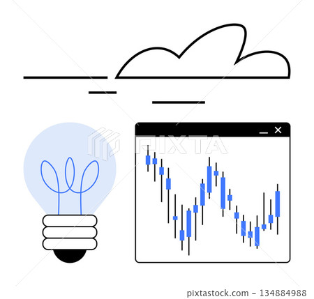 Innovation, finance, stock market, economic trends, creativity, idea generation. Lightbulb and stock chart with cloud. Innovation and finance concepts using symbolic elements Innovation, finance, stock market, economic trends, creativity, idea generation. Lightbulb and stock chart with cloud. Innovation and finance concepts using symbolic elements 134884988