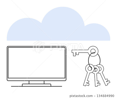 Data security, cloud computing, online access, digital data, technology, data protection. Cloud graphic with monitor and keys. Cloud computing and data security concept 134884990