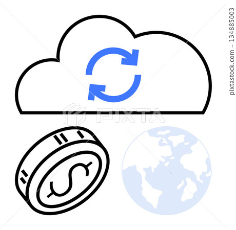 Financial technology, digital transactions, cloud services, international trade, global economy, currency exchange. Cloud with sync arrows, dollar coin globe illustration. Financial technology Financial technology, digital transactions, cloud services, international trade, global economy, currency exchange. Cloud with sync arrows, dollar coin globe illustration. Financial technology 134885003