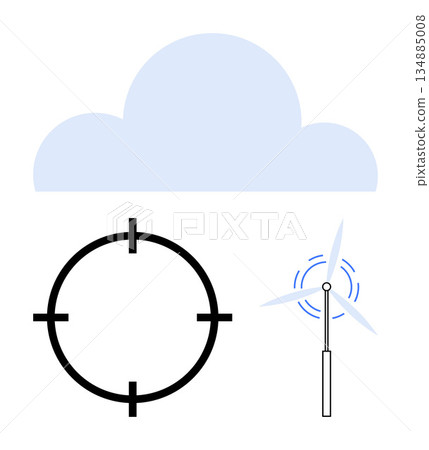 Cloud technology, renewable energy, sustainability, targeting efficiency, digital networks, environmental solutions. Scalable cloud icon, wind turbine and target symbol. Cloud technology Cloud technology, renewable energy, sustainability, targeting efficiency, digital networks, environmental solutions. Scalable cloud icon, wind turbine and target symbol. Cloud technology 134885008