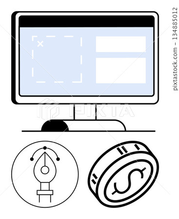 Digital design, graphic creation, online marketing, freelancing, web development, finance. A computer screen with design tools, a pen tool icon and a dollar coin. Digital design and online marketing 134885012