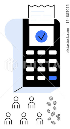 Digital payments, e-commerce, financial services, contactless transactions, money management, fintech. Payment terminal with receipt, user icons and coins. Digital payments and e-commerce concept 134885013
