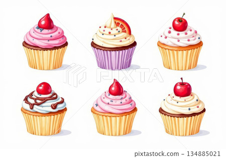The set of watercolor cupcakes on white background The set of watercolor cupcakes on white background 134885021