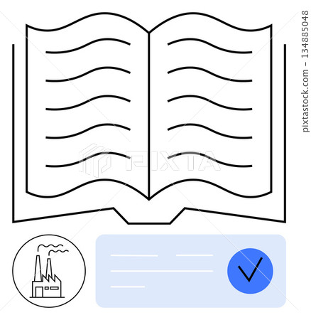 Compliance, certification, regulations, industry standards, quality assurance, document management. Open book with factory icon and checkmark. Compliance and certification 134885048