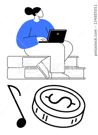 Education, e-learning, creativity, freelance work, financial growth, digital media. A woman on books with a laptop, a music note and a coin symbol. Education and e-learning concepts 134885051