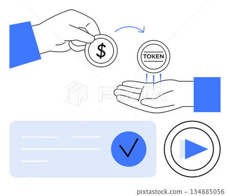 Cryptocurrency, finance, payment systems, blockchain, transaction security, digital wallet. Hand exchanging dollar coin for token. Cryptocurrency and finance with secure transactions 134885056