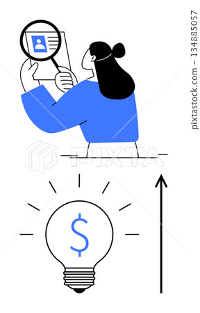 Identity verification, innovation, financial success, idea generation, business strategy, analysis. Woman examining ID card with magnifying glass, lightbulb with dollar sign upward arrow. Identity 134885057