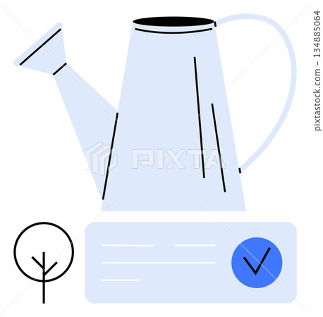 Gardening, sustainability, approval, eco-friendly practices, agriculture, environmental health. Minimalistic watering can with tree symbol and checkmark. Gardening and sustainability concept Gardening, sustainability, approval, eco-friendly practices, agriculture, environmental health. Minimalistic watering can with tree symbol and checkmark. Gardening and sustainability concept 134885064