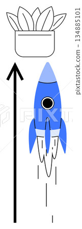 Business growth, sustainability, innovation, progress, motivation, achievement. Stylized blue rocket aimed at a potted plant. Business growth and sustainability concept Business growth, sustainability, innovation, progress, motivation, achievement. Stylized blue rocket aimed at a potted plant. Business growth and sustainability concept 134885101