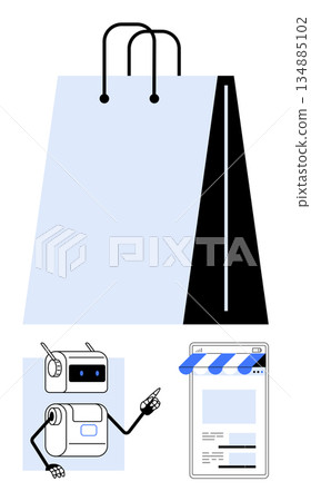 Online shopping, retail innovation, automation, artificial intelligence, digital marketplaces, e-commerce services. Shopping bag, robot pointing online store interface. Online shopping and retail 134885102