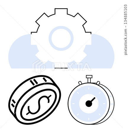 Time management, financial success, productivity, technology, process optimization, cost control. A gear over cloud, stopwatch and dollar coin visuals. Focus on time management and financial success Time management, financial success, productivity, technology, process optimization, cost control. A gear over cloud, stopwatch and dollar coin visuals. Focus on time management and financial success 134885103
