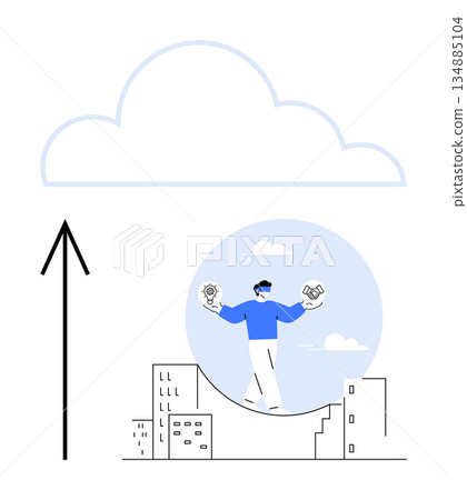 Cloud storage, data transfer, digital solutions, technology management, remote connectivity, innovation. Person holding gears and handshake above the cityscape with upward arrow leading to a cloud Cloud storage, data transfer, digital solutions, technology management, remote connectivity, innovation. Person holding gears and handshake above the cityscape with upward arrow leading to a cloud 134885104